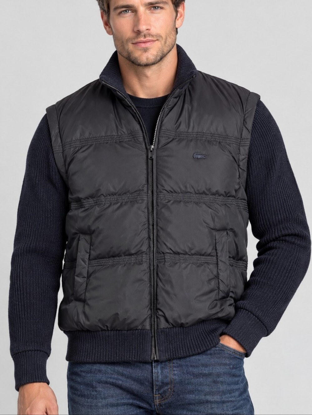 Lacoste Men's Deep Navy Puffer Knit Sleeve Bomber Jacket Size 50 US Medium